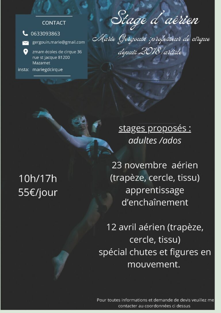 Stage aérien : trapèze, cercle et tissu, spécial chutes et figures en mouvement !